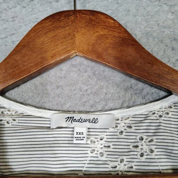 Madewell Mini Dress Women's 2XS White Black Striped Eyelet Sophia Puff Sleeve - Picture 8 of 13